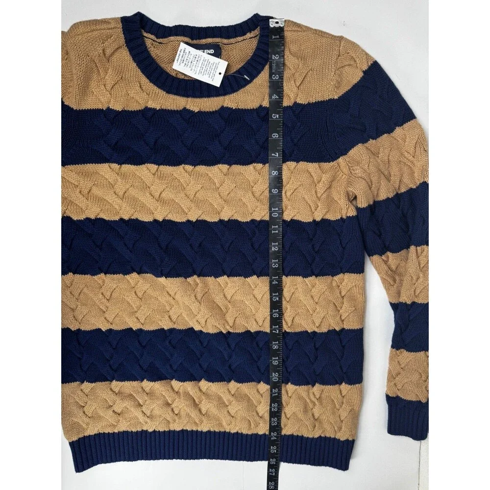 Lands End Women Drifter Sweater Medium Blue Tan Stripe Braided Cable Knit Preppy